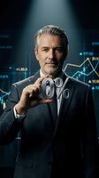 Middle-aged Caucasian businessman in dark suit holding percentage symbol against digital financial charts and stock market graphs background for finance and investment concepts.