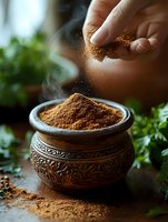 Ground aromatic spices falling into decorative clay pot with steam rising, fresh herbs in background, moody lighting creates atmospheric food photography.
