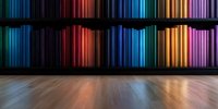 Vibrant multicolored light strips create dramatic wall display against wooden floor, reflecting rainbow spectrum in modern interior space for entertainment or stage design.