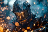 Welder in protective mask surrounded by bright sparks and smoke during industrial metalwork process. Dark atmospheric workshop background with bokeh effect.