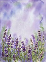 Watercolor lavender flowers frame with purple and green hues on textured paper background for wedding invitations and botanical designs.