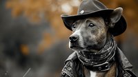 Gray dog wearing cowboy hat and bandana scarf against autumn background, western style portrait with moody atmospheric lighting and shallow depth of field.