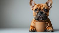 Adorable fawn French Bulldog lying next to brown coffee mug against neutral gray background. Close up portrait of purebred puppy with wrinkled face and alert expression.