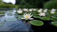 White water lily blooming on dark pond surface with green lily pads covered in water drops, creating serene natural composition in soft focus.