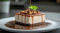 Creamy cheesecake slice topped with caramel sauce, roasted nuts and mint leaf garnish on white plate, dark chocolate cookie base drizzled with caramel drips.