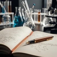 Open notebook with handwritten formulas and elegant pen in modern chemistry laboratory with glassware and equipment for scientific research and education.