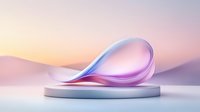 Abstract curved shape in pink and blue gradient colors on white platform against soft pastel background, modern minimal design element for creative projects.