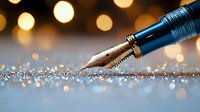 Elegant fountain pen nib on glittering surface with golden bokeh lights in background, creating magical atmosphere for writing and creativity inspiration.