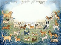 Various dog breeds arranged in decorative floral border frame with botanical elements creating space for text or design in center.