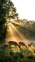 Deer herd grazing in misty meadow at sunrise with golden sunlight filtering through forest trees and morning fog.
