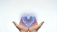 Cupped hands holding glowing blue heart hologram against white background. Digital love concept for healthcare, charity, wellness design projects.