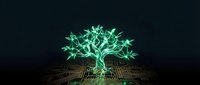 Digital tree with glowing green leaves growing from circuit board motherboard representing technology growth, AI development and electronic nature fusion.