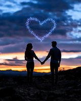 Silhouette of romantic couple holding hands at sunset with magical glowing heart shape made of stars floating above against dramatic sky and mountains.
