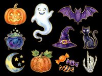 Spooky Halloween collection featuring jack-o-lantern, ghost, bat, cauldron, witch hat, black cat, moon, pumpkin, candy, and skeleton hand isolated on transparent background. Ready for t-shirts, stickers, clipart, sublimation, print-on-demand designs.