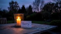 Glowing candle in a lantern on a wooden outdoor table at dusk with a handwritten sorry note, evoking apology and forgiveness.