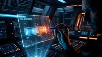 Futuristic cyberpunk hacker working on holographic computer interface with glowing data visualization in dark sci-fi control room environment.