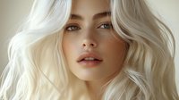 Young woman with platinum blonde wavy hair and natural makeup looking directly at camera against light background, beauty portrait showcasing flawless skin and full lips.