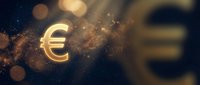 Golden euro symbol with sparkling particles and bokeh lights on dark background for financial business presentations and economic concepts.