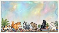 Playful cats sitting together on colorful books and toys with whimsical watercolor sky background, perfect for children's book illustrations, nursery decor, and educational materials.