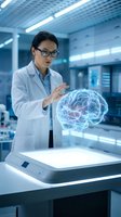 Female Asian scientist in white lab coat examining holographic brain projection in modern medical research laboratory for neuroscience studies.