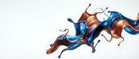 Abstract flowing liquid splash in blue and copper metallic colors creating dynamic wave motion on white background for modern design projects.