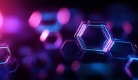 Glowing hexagonal shapes with neon pink and blue colors on dark background create futuristic technological pattern for modern digital design concepts.