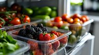 Fresh organic berries and vegetables in open refrigerator drawers, featuring vibrant strawberries, blackberries, and cherry tomatoes arranged in clear storage containers.