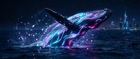 Majestic humpback whale breaching ocean surface with glowing neon purple and blue bioluminescent effects against futuristic city skyline at night.