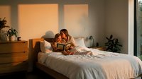 Young woman reading book in cozy bedroom with warm sunlight streaming through window creating peaceful morning atmosphere for relaxation and leisure.