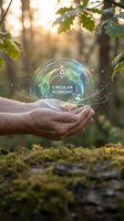 Hands holding glowing circular economy hologram with recycling symbols in forest setting. Sustainable business and environmental responsibility concept.
