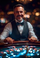 Mature Caucasian croupier in bow tie and vest smiling at roulette table with blurred casino lights in background creating atmospheric gambling environment.