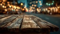 Rustic wooden table surface with warm bokeh lights creating cozy atmosphere for product display and commercial photography backgrounds.