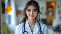 Young Asian female medical professional in white coat with stethoscope smiling warmly at camera in modern healthcare setting with soft natural lighting.