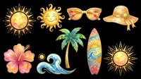 Watercolor summer beach clipart set with sun, palm tree, surfboard, hibiscus, waves, sunglasses, and hat, isolated on transparent background for t-shirt design.