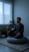 Bearded Caucasian man meditating in lotus position on floor cushion in modern minimalist room with houseplants and natural window light for mindfulness practice.
