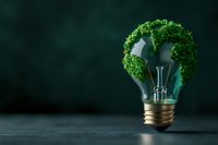 Green plants growing on light bulb against dark background symbolizing renewable energy, eco innovation and sustainable development solutions.