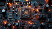 Glowing AI processor on circuit board with orange light effects and electronic components, modern technology concept for artificial intelligence computing.