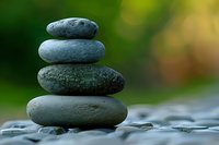 Balanced stack of smooth gray zen stones on rocky surface against blurred green natural background, symbolizing harmony, meditation and wellness practices.