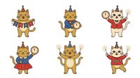 Cute cats wearing party hats and festive outfits celebrating with confetti and balloons. Isolated clipart characters perfect for birthday invitations, greeting cards, and children's designs.