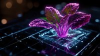 Glowing purple plant sprout emerging from digital circuit board surface with bokeh light effects in dark background, representing growth and technology fusion.