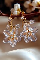 Elegant crystal flower earrings with gold details and diamond accents hanging against soft blurred background with white blossoms, showcasing delicate floral jewelry design.