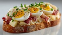 Gourmet open sandwich with soft boiled eggs, crispy bacon, melted cheese and fresh herbs on artisan bread. Perfect breakfast or brunch meal concept.