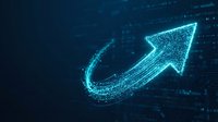 Digital arrow pointing upward with glowing blue particles and data streams on dark background representing growth, success and business progress.