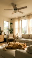 Cozy living room interior with orange tabby cat relaxing on beige sofa, ceiling fan, natural light streaming through windows creating warm atmosphere.