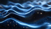 Flowing blue digital waves with glowing particles and light effects create an abstract technology background suitable for data visualization, tech presentations, and digital innovation concepts.