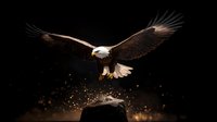 Majestic bald eagle with spread wings landing on rock against dark background with glowing particles and dramatic lighting creating mystical atmosphere.
