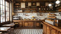 Rustic bakery interior with wooden cabinets, white tile walls, vintage counter, and shelves filled with jars and supplies. Natural light streams through windows creating cozy atmosphere.