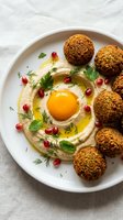Creamy hummus with raw egg yolk center surrounded by crispy falafel balls, garnished with pomegranate seeds, fresh herbs and olive oil on white plate.