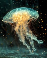 Luminous jellyfish floating in dark turquoise waters with glowing golden particles, creating magical underwater atmosphere. Translucent body radiates warm light.
