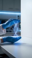 Scientist hands in blue gloves holding holographic DNA double helix in modern laboratory for genetic research and biotechnology innovation.